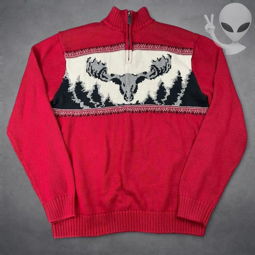 Chaps Mens Quarter Zip Sweater Red Intarsia Knit Moose Landscape Holiday